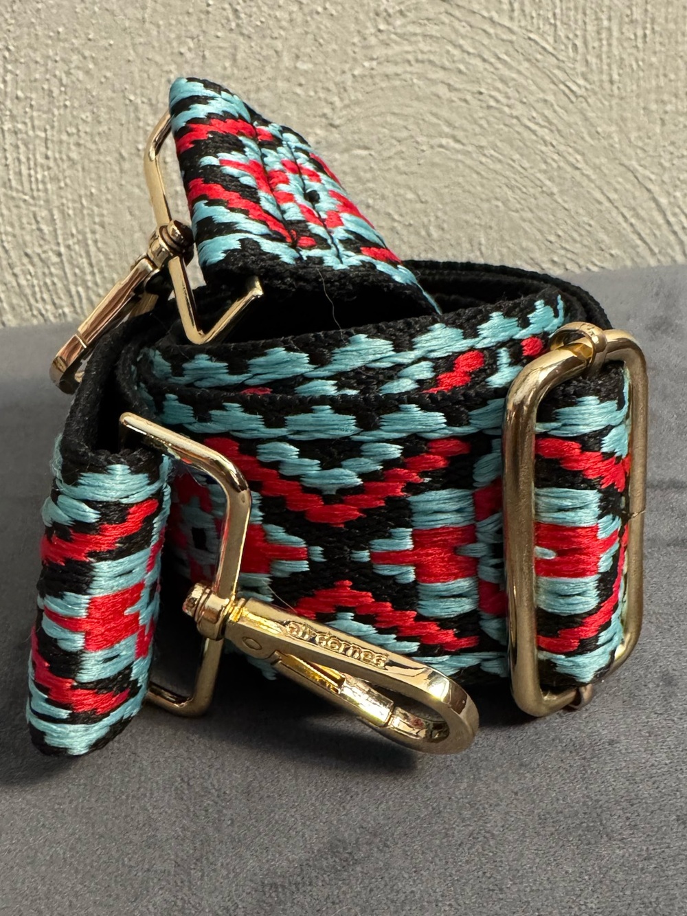 Ahdorned Turquoise & Red Woven Adjustable Bag Strap with Gold Hardware
